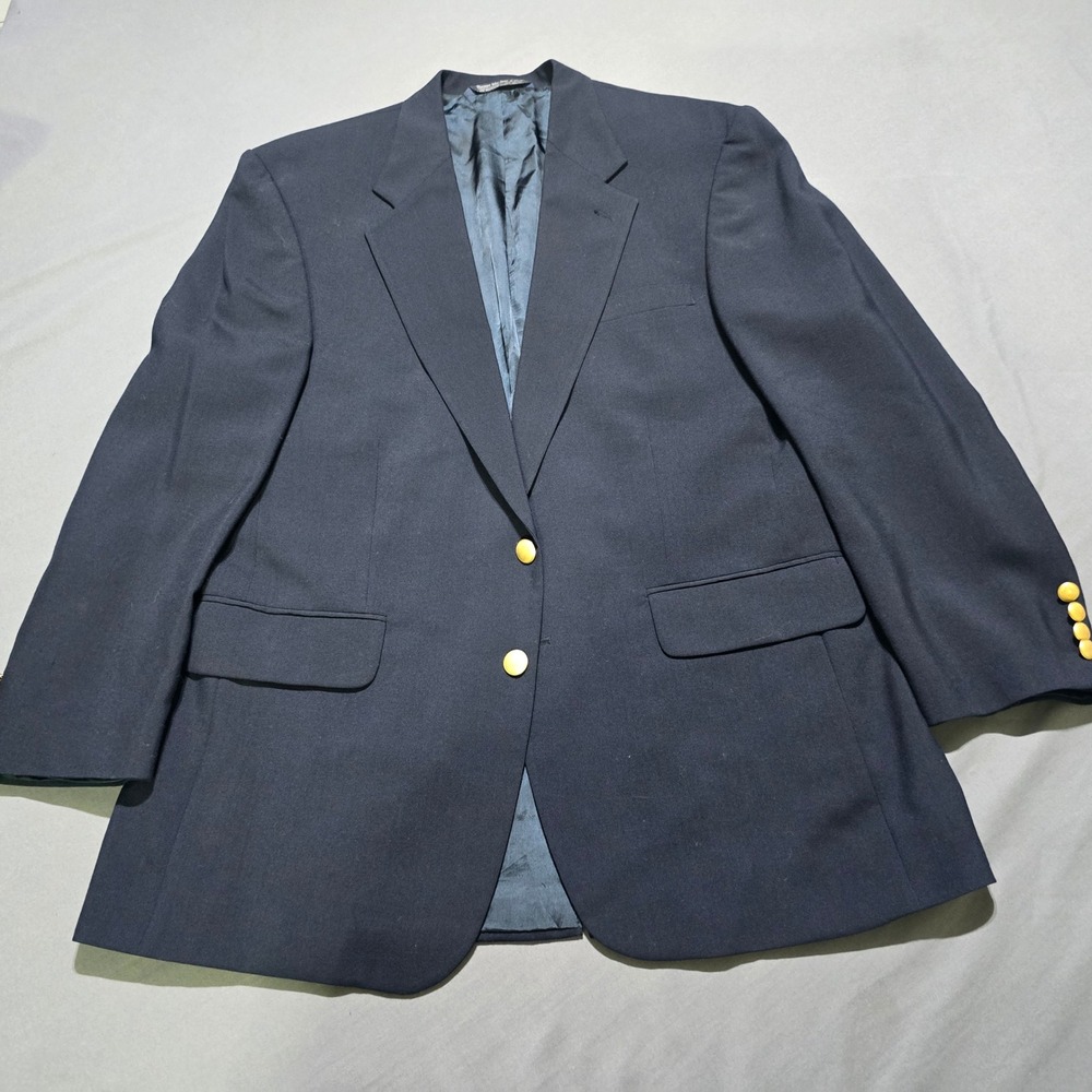 Lands End Blazer Mens 42 Regular Navy Blue Wool Gold Tone Buttons Made in USA